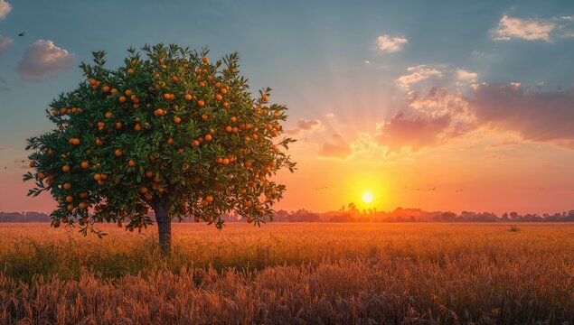 Orange Tree in a Wheat Field at Sunset with Colorful Sky