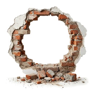A circular hole broken through a weathered brick wall isolated on white background