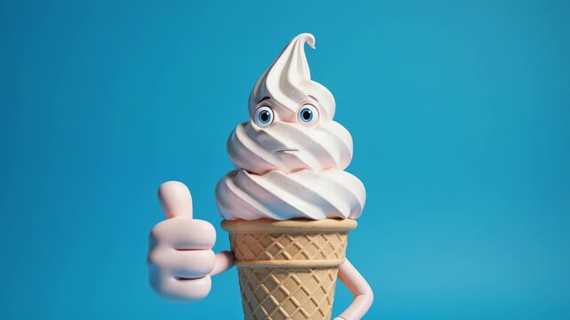 Whimsical soft serve ice cream cone character with smiling face and thumb up on blue background in studio