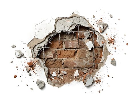 A realistic hole in a white plaster wall revealing a red brick structure with exposed metal reinforcement bars, isolated on white background