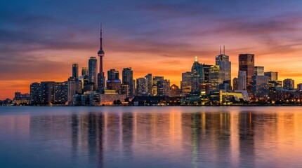 Naklejka premium Skyline Serenity: The iconic city skyline stretches across the horizon, reflected in the tranquil waters below as twilight paints the sky with hues of purple and orange.