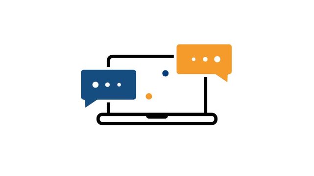 A laptop screen displaying two colorful speech bubbles represents an online chat conversation video interview or virtual messaging support session