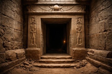 Fototapeta premium Ancient Stone Entrance to a Dimly Lit Temple with Hieroglyphics
