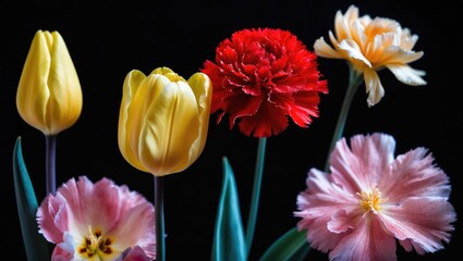 Fototapeta premium Colorful Flowers Arrangement Against a Black Background in Closeup View