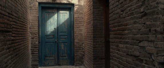 Obraz premium Weathered Blue Double Doors in a Brick Alley with Soft Light