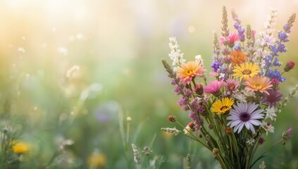Obraz premium Colorful Bouquet of Wildflowers Blurred in Green Field During Springtime Light