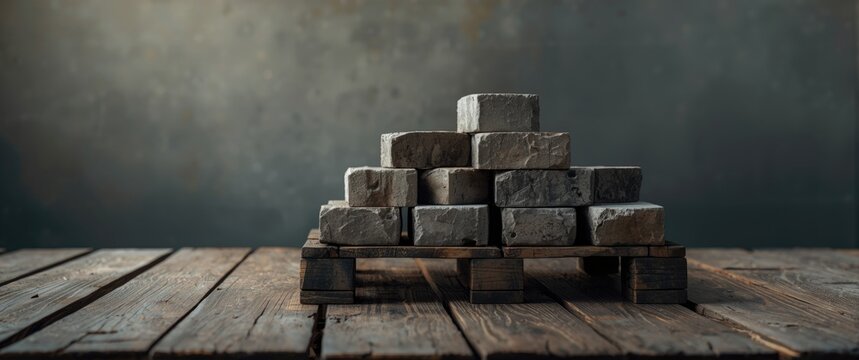 Stack of Weathered Concrete Blocks on a Wooden Pallet in Dim Light