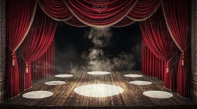 A captivating empty theater stage, set with opulent red curtains and glowing spotlights, creating an atmospheric background for any show