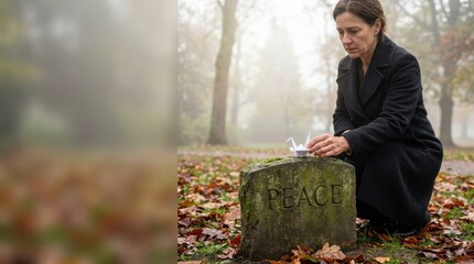 Fototapeta premium A Solemn Moment of Remembrance: A woman in black kneels at a gravestone inscribed with the word PEACE, lighting a candle in a quiet, misty cemetery. Capturing a profound sense of grief, contemplation.