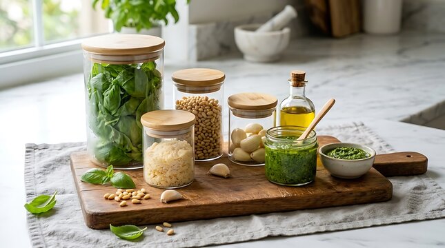 Glass jars with ingredients for homemade pesto sauce on a wooden cutting board in a bright kitchen. basil pesto kit