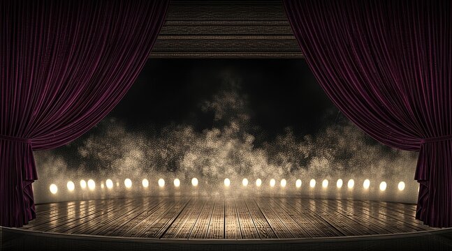 Empty theater stage with wooden floor, smoke, footlights, and dark red curtains
