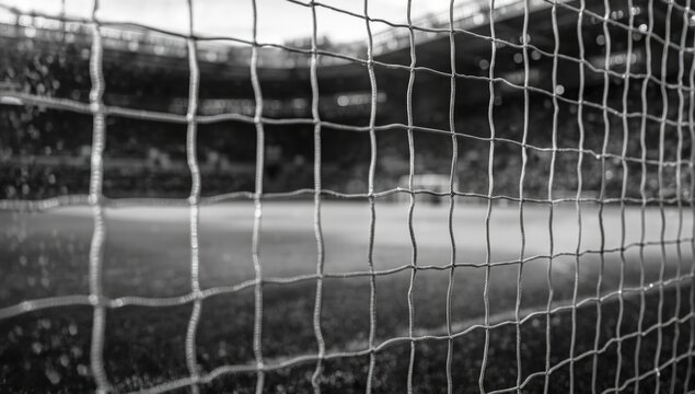Soccer Goal Net with Blurred Stadium Background in Black and White