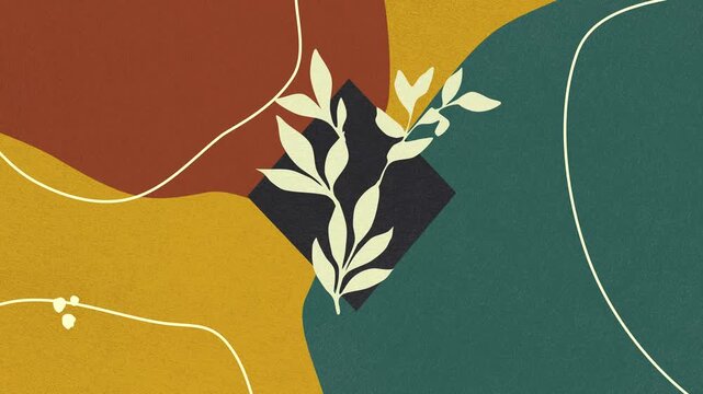 Abstract organic shapes background with botanical leaf illustration in retro style