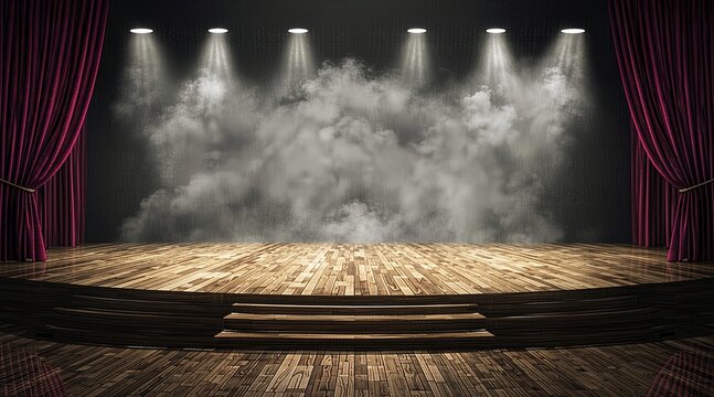 Spotlight on a wooden stage with red curtains and theatrical smoke