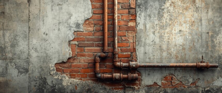 Exposed Brick Wall with Rusty Pipes and Cracked Concrete Texture