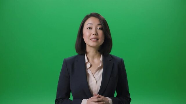 Woman speaking confidently in a suit against a green screen background during a business presentation