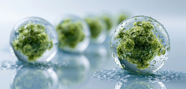Green microalgae spheres floating in water under a laboratory microscope