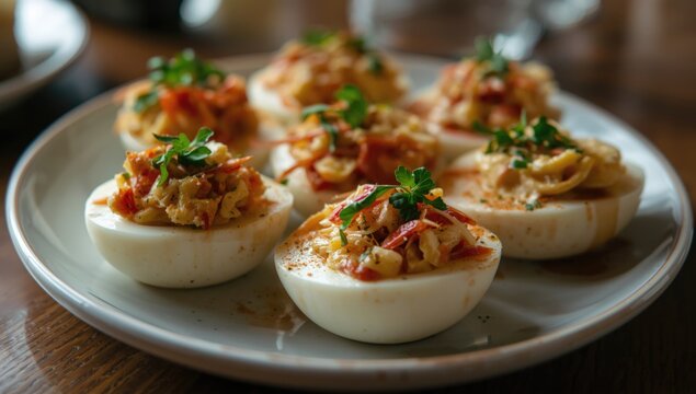 Stuffed Deviled Eggs Topped with Parsley on a Rustic Plate