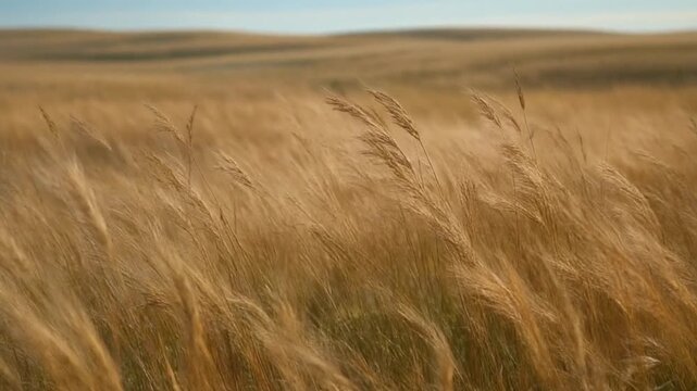 Golden prairie grasses sway gently in the warm breeze under a vast, soft blue sky, creating a serene and natural landscape that evokes feelings of freedom and tranquility