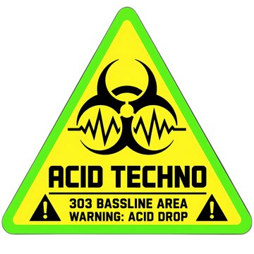 Acid techno 303 bassline warning sign badge with biohazard sound wave icon and neon green frame concept
