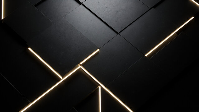 Modern dark industrial background with textured black stone tiles and glowing linear led lights background industrial architecture interior