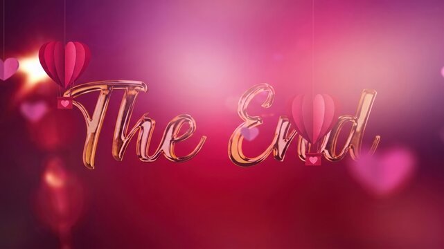 The words The End written in elegant gold script with floating heart balloons on pink background.