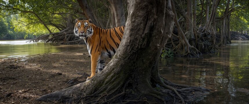 Tiger Standing Beside a Tree in a Lush Wetland Environment