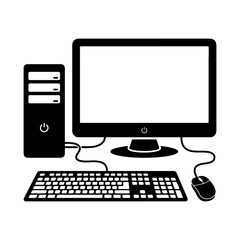 Fototapeta premium Desktop computer setup illustration displaying a monitor tower keyboard and mouse connected with wires in minimalist black line art.