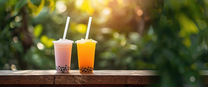 Two Colorful Bubble Tea Cups on a Wooden Table in Soft Sunlight