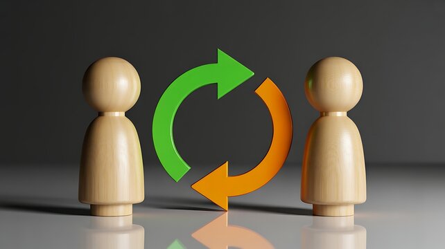 Business collaboration concept with wooden figures and circular arrows representing communication and exchange