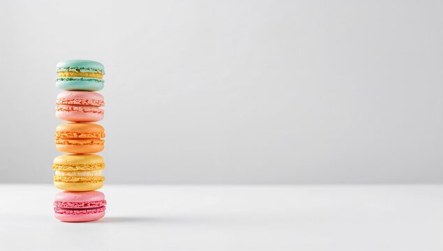 Colorful Macarons Stacked on White Background with Minimalist Style