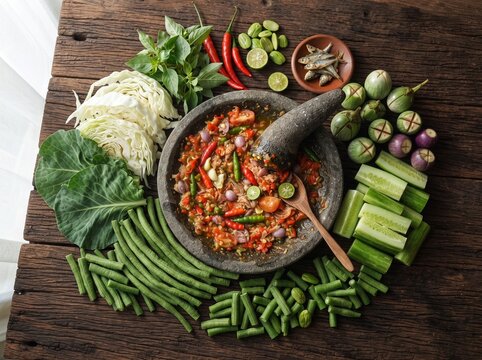 Fresh Lalapan and Sambal Dadak Flat Lay