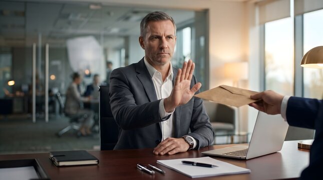 Mature businessman at office desk holding out his hand to refuse a brown envelope representing bribe or illegal deal for business ethics and anti-corruption concept.