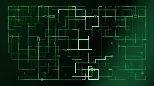 Electronic circuit schematic with sequentially illuminating green connection paths
