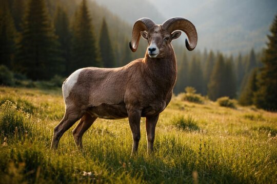 Bighorn Sheep Standing in a Meadow at Sunrise with Mountain Backdrop