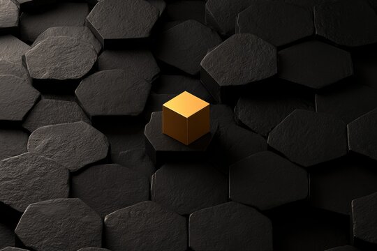 A solitary gold cube rests centrally on a dark, hexagonal, textured platform
