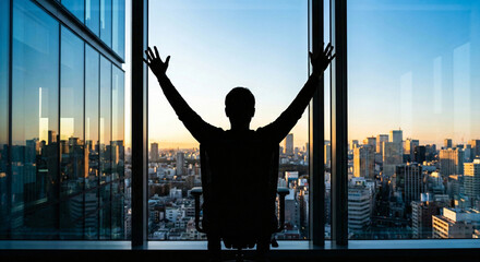 Fototapeta premium Rear view silhouette of a businessman with arms raised in victory looking at a modern city