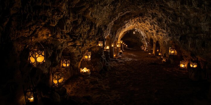 Candlelit Cave Tunnel with Lanterns Lighting a Rocky Passage
