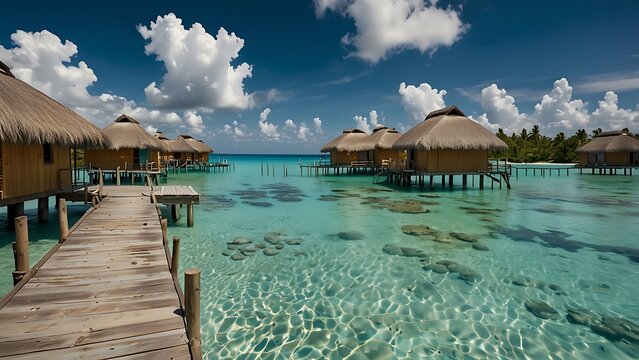 Luxury Tropical Overwater Bungalows Resort with Wooden Pier Over Crystal Clear Turquoise Ocean Water and Blue Sky with White Clouds in Bora Bora French Polynesia Vacation Travel Destination