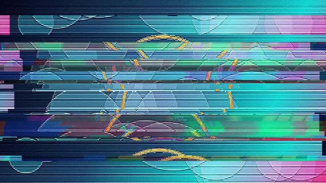 Abstract digital distortion shifts across colorful interference and fragmented geometric forms