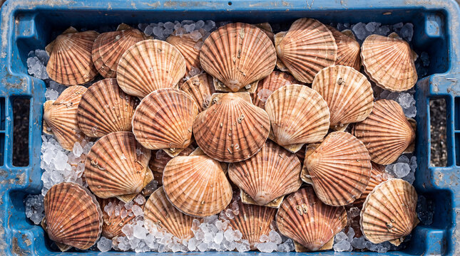 Freshly harvested scallops arranged in a blue crate on ice. The shells are brown with ridges, showcasing their natural texture and color.