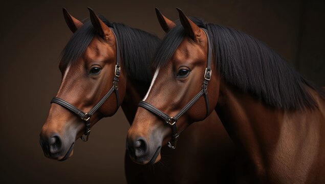Two Majestic Horses Standing Side by Side in Dramatic Lighting