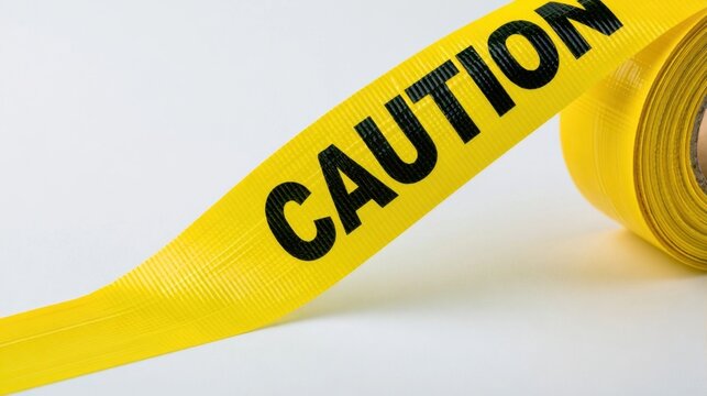 Yellow caution tape roll with a section unraveled displaying bold black warning text