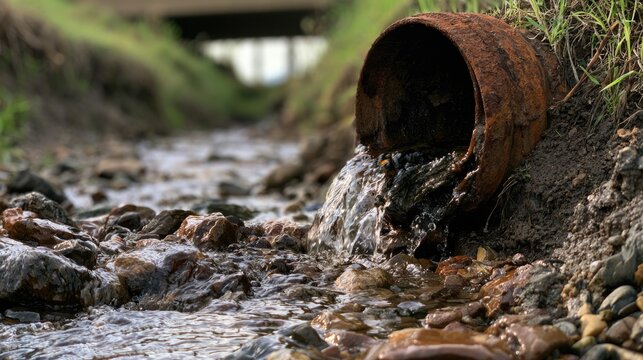 Rusty pipe empties murky water into a shallow, rocky stream