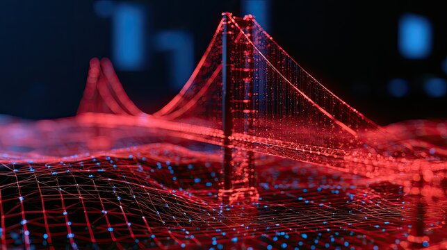 A digital wireframe of a suspension bridge rendered in glowing red lines