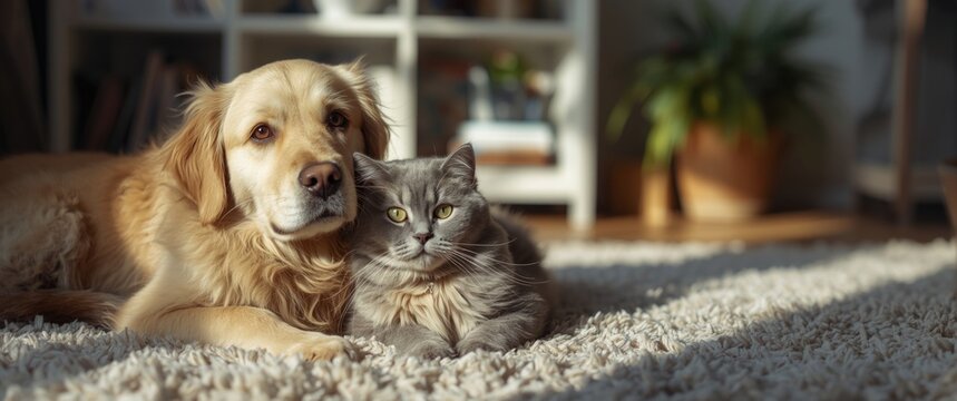 Golden Retriever and Gray Cat Relaxing Together on a Cozy Carpet in a Sunlit Living Room
