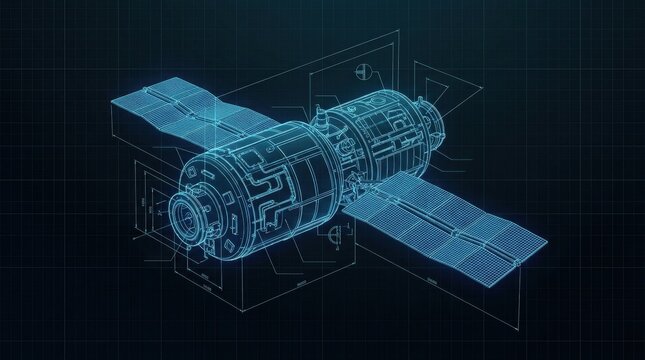 Blueprint of Orbital Station: An intricate wireframe blueprint of a space station, showcasing detailed circuitry, solar panels, and module design against a dark, technological backdrop.