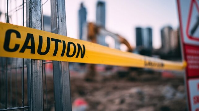 Yellow caution tape secured on a chain-link fence at an active construction site with excavators and city skyline in the