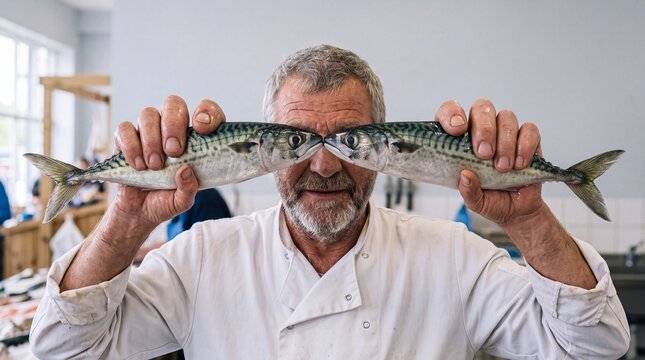 A senior Caucasian man with gray hair holds two mackerel fish in front of his face. He wears a white chef's coat in a kitchen setting.