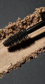 A black mascara wand lies on a textured surface of light brown powder